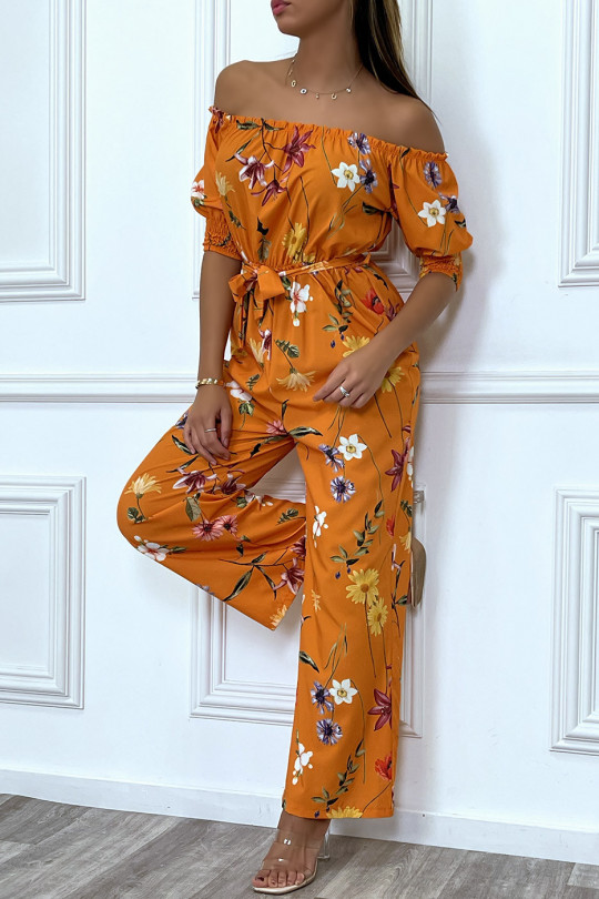Oranje palazzo-jumpsuit met boothals en bloemenprint - 3