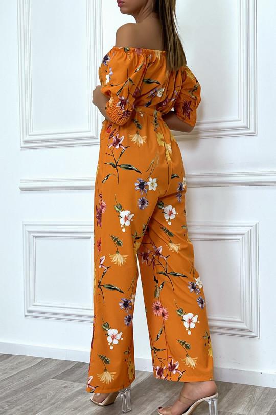 Oranje palazzo-jumpsuit met boothals en bloemenprint - 4
