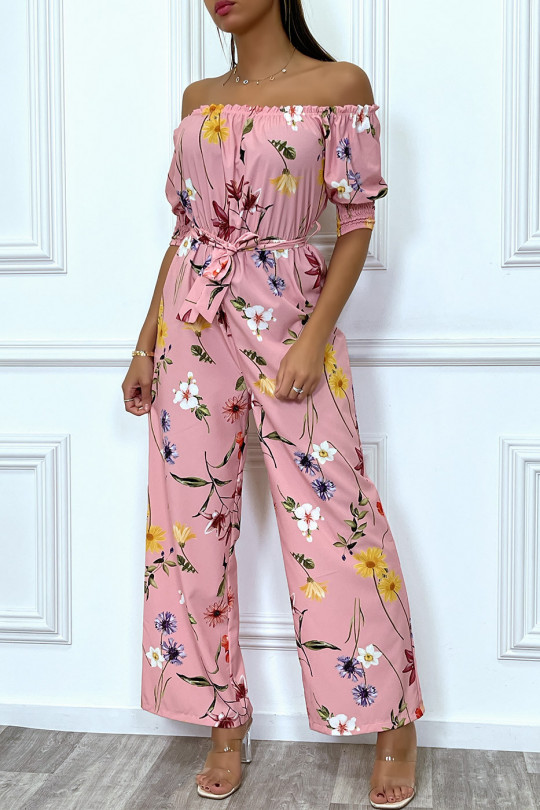 Roze palazzo jumpsuit met boothals en bloemenprint - 1