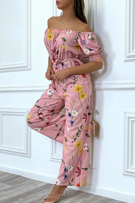 Roze palazzo jumpsuit met boothals en bloemenprint - 3