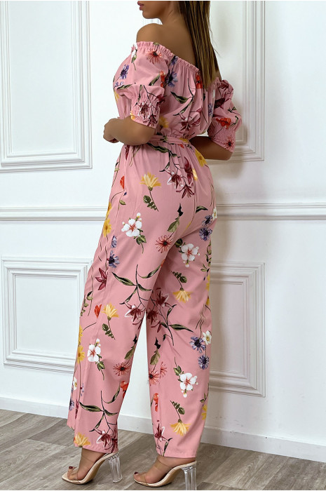 Roze palazzo jumpsuit met boothals en bloemenprint - 4