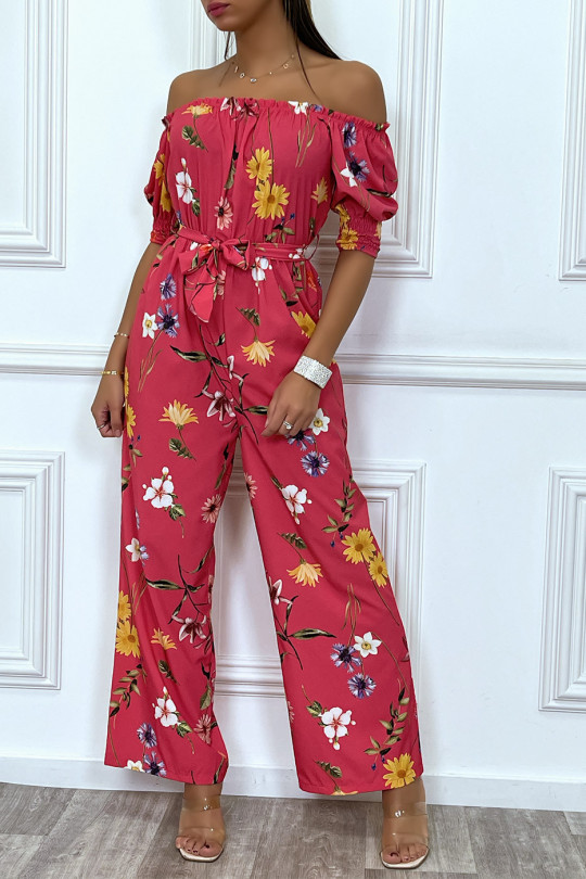 Fuchsia floral palazzo jumpsuit with boat neck - 1