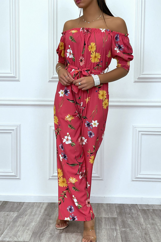 Fuchsia floral palazzo jumpsuit with boat neck - 2