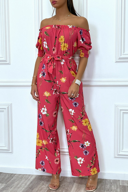 Fuchsia floral palazzo jumpsuit with boat neck - 3