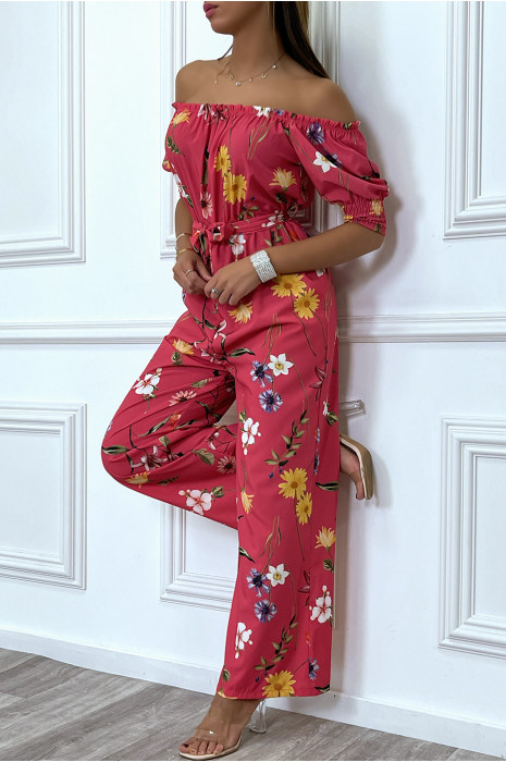 Fuchsia bloemen palazzo jumpsuit met boothals - 4