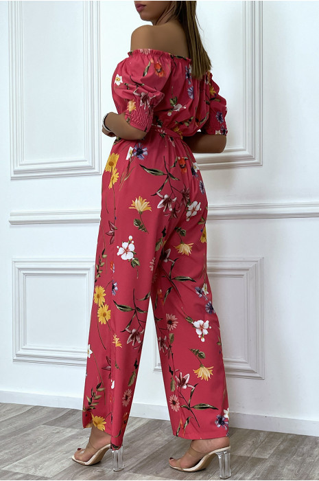Fuchsia floral palazzo jumpsuit with boat neck - 5