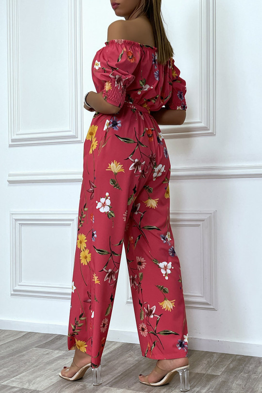 Fuchsia floral palazzo jumpsuit with boat neck - 5