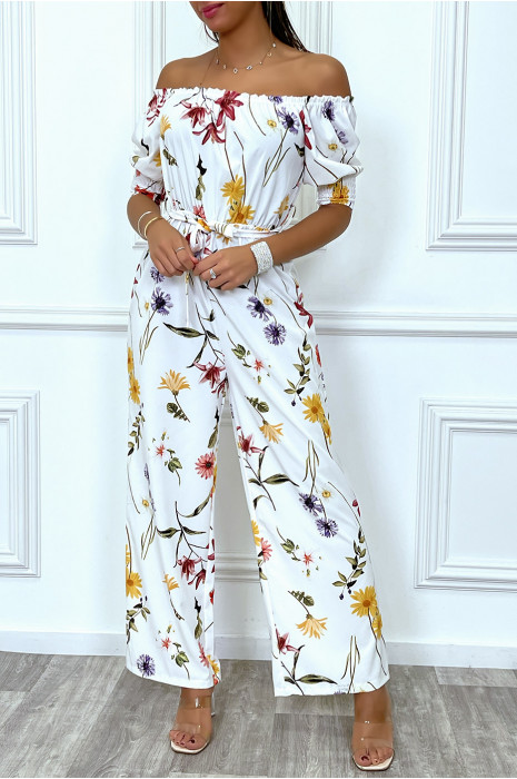 Combinaison palazzo blanche fleurie à col bateau - 1