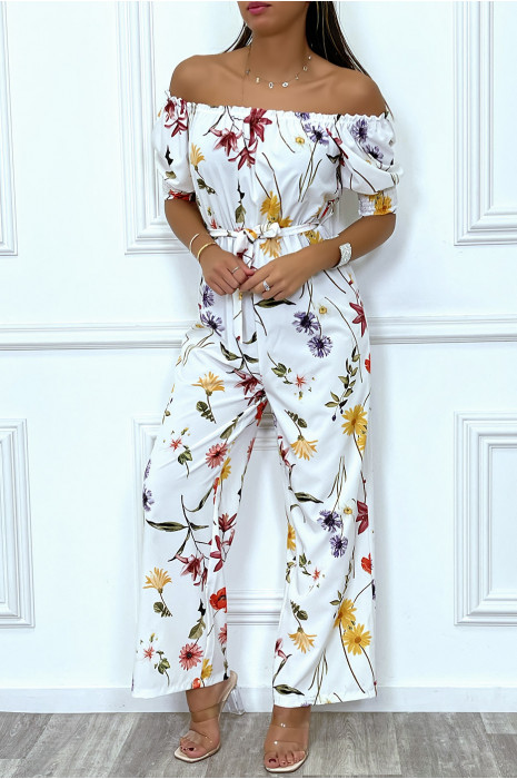 Combinaison palazzo blanche fleurie à col bateau - 2