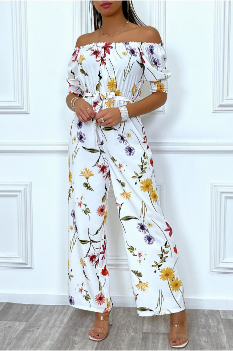 Combinaison palazzo blanche fleurie à col bateau - 3
