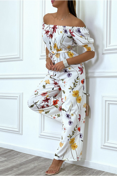 Combinaison palazzo blanche fleurie à col bateau - 4