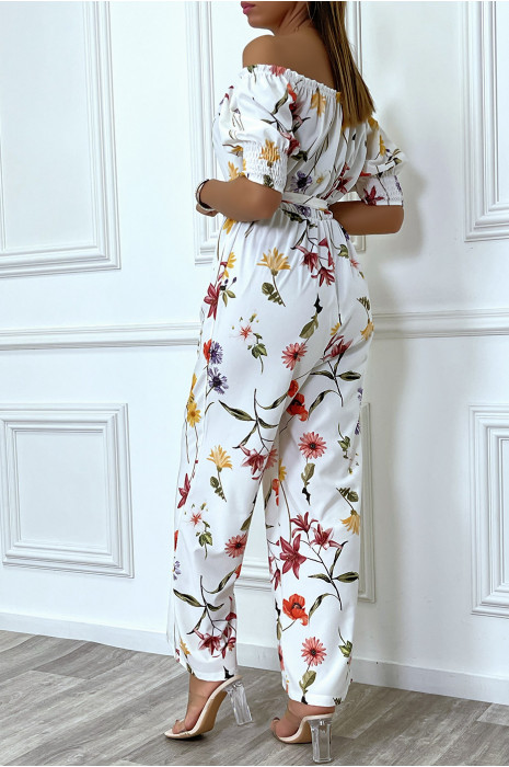Combinaison palazzo blanche fleurie à col bateau - 5