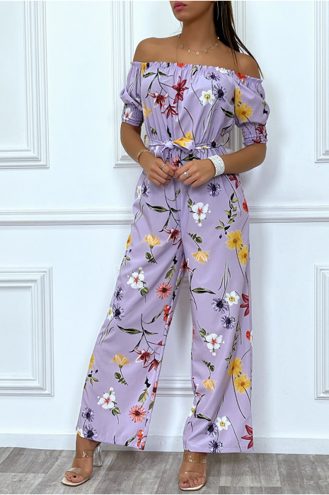 Combinaison palazzo lila fleurie à col bateau - 2