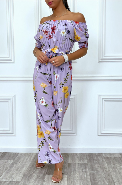 Combinaison palazzo lila fleurie à col bateau - 3