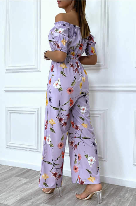 Combinaison palazzo lila fleurie à col bateau - 5