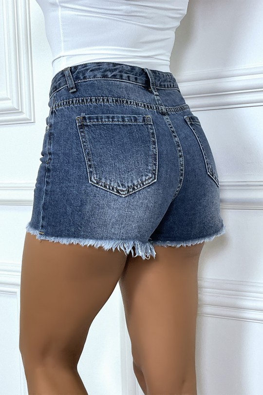 Mini short bleu delavé en jean avec franges - 5