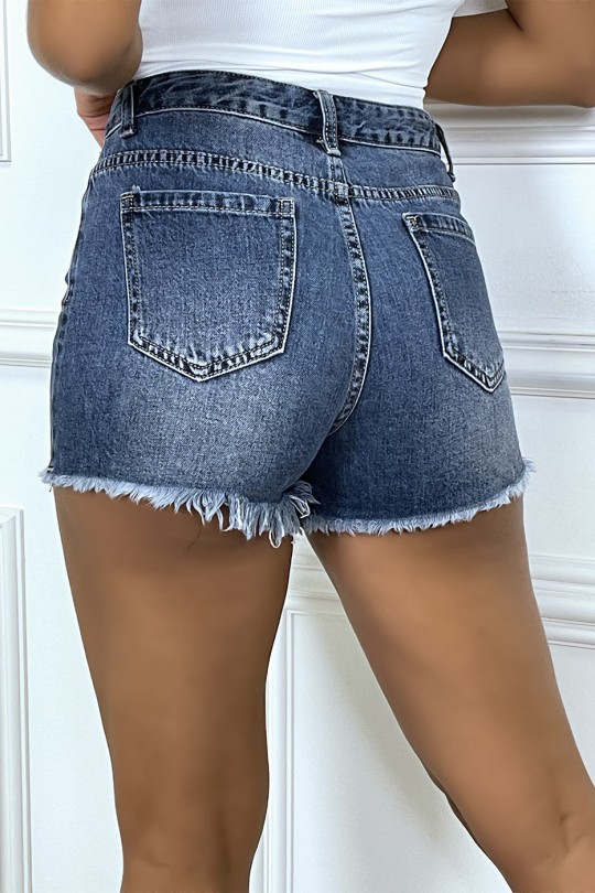 Mini short bleu delavé en jean avec franges - 7