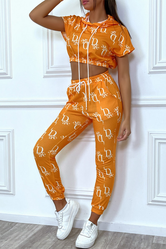 Ensemble jogging crop top à capuche et bas pantalon orange avec écriture - 2