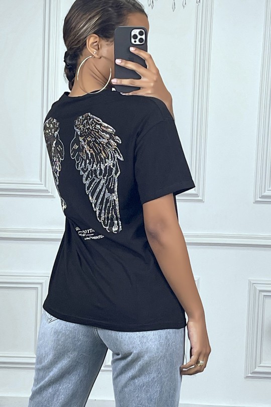 Oversized black T-shirt with writing and rhinestone designs - 1