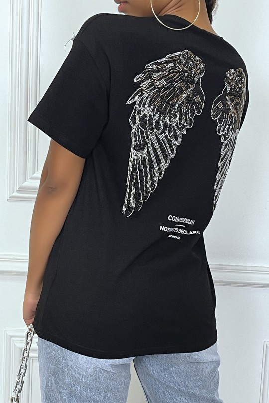 Oversized black T-shirt with writing and rhinestone designs - 5