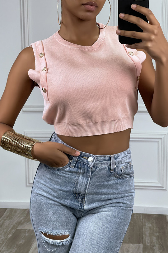 Pink cropped tank top with gold buttons - 1
