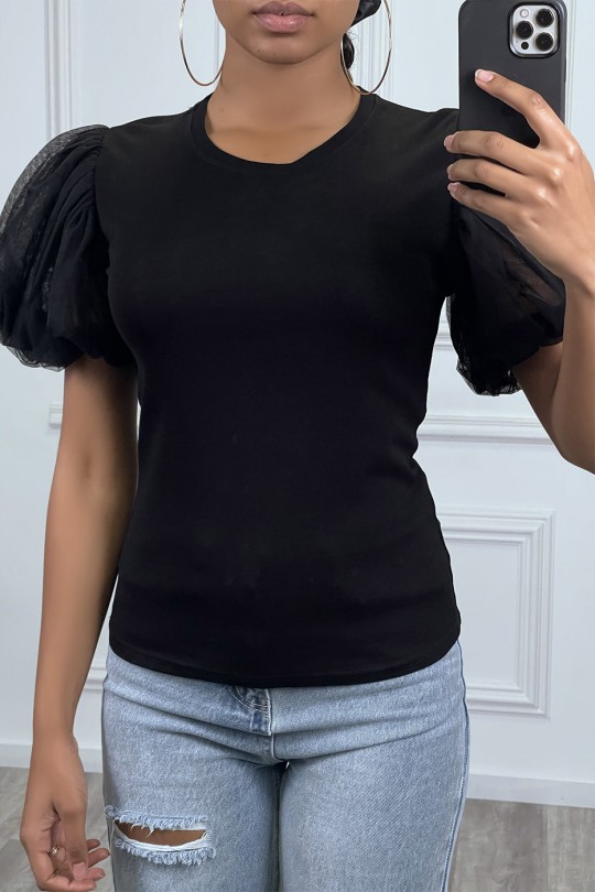 Black T-shirt with short puffed sleeves - 1