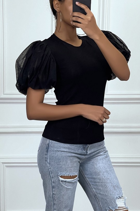 Black T-shirt with short puffed sleeves - 2