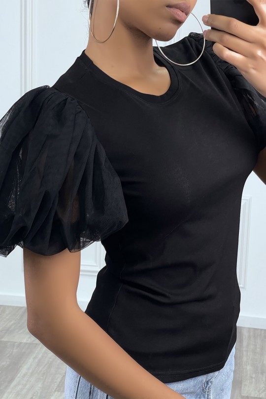 Black T-shirt with short puffed sleeves - 4