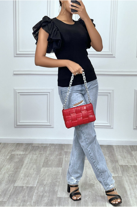 Top noir manches volantes en tulle - 1