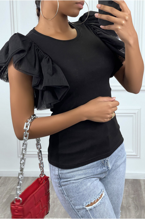 Top noir manches volantes en tulle - 2