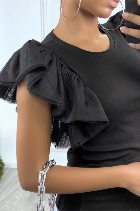 Top noir manches volantes en tulle - 3