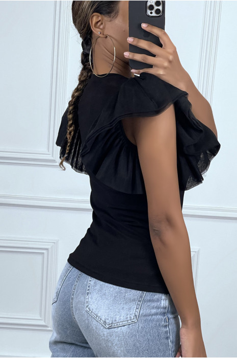 Top noir manches volantes en tulle - 4