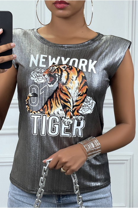 Grijze tanktop met schoudervullingen en TIGER-ontwerpen - 1
