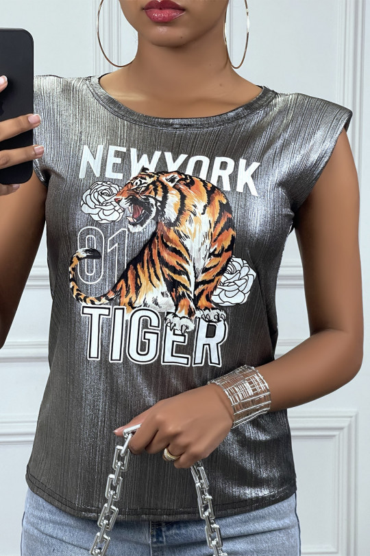 Gray tank top with epaulets and TIGER designs - 1