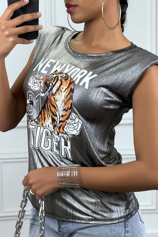 Gray tank top with epaulets and TIGER designs - 5