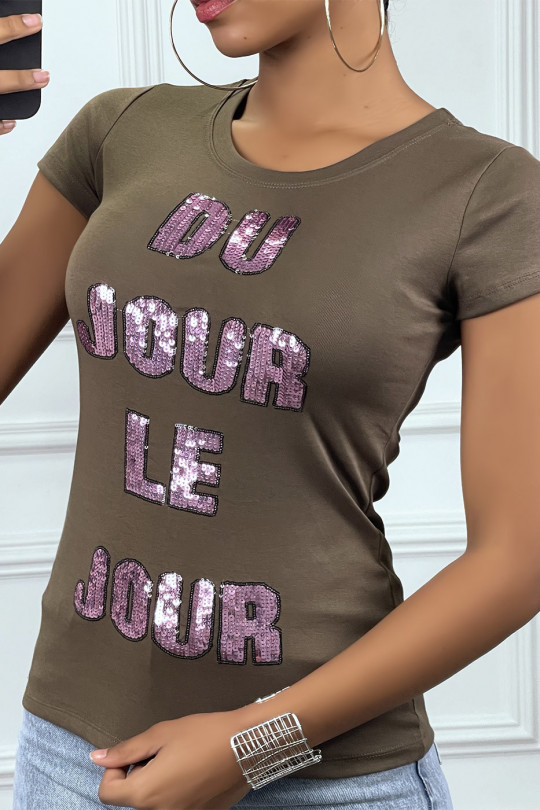 Khaki T-shirt with pink sequin writing - 1