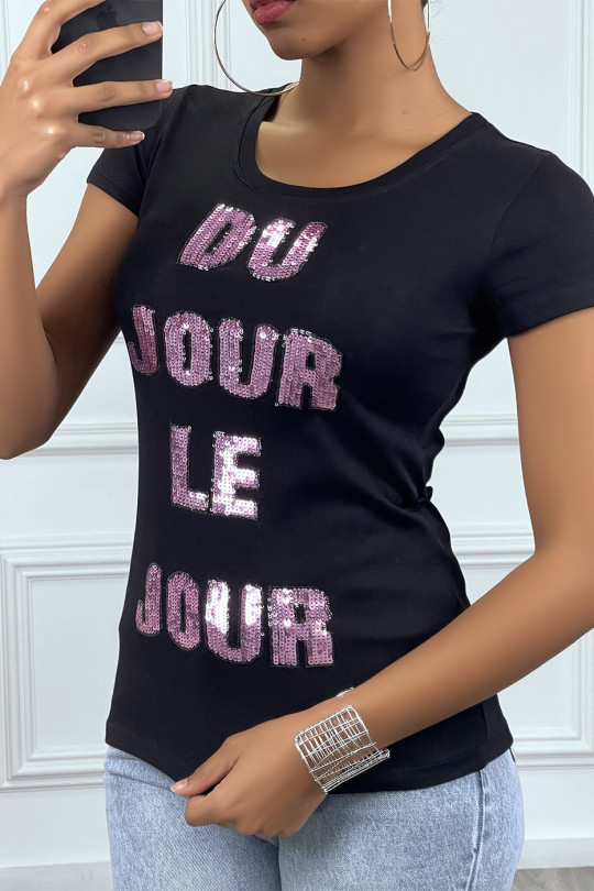Black T-shirt with pink sequin writing - 1