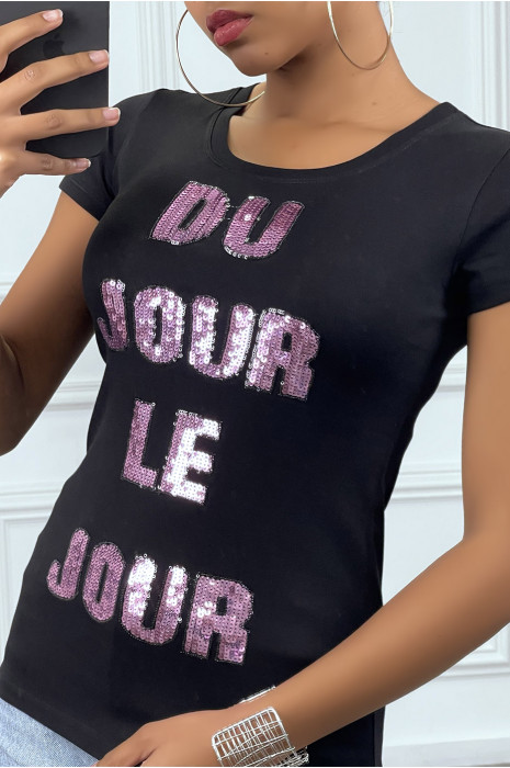 Tee-shirt noir avec écriture en sequins rose - 2