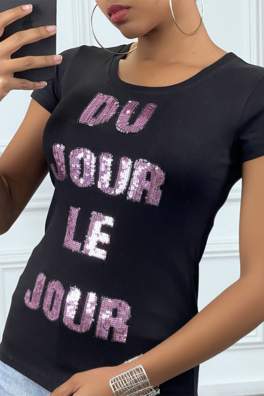 Black T-shirt with pink sequin writing - 2