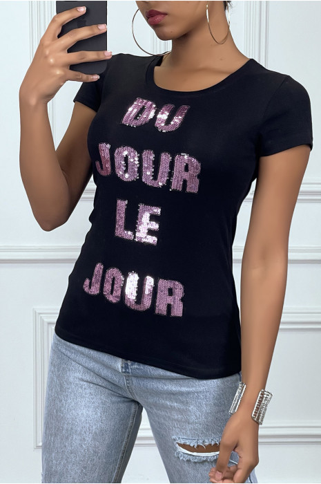 Tee-shirt noir avec écriture en sequins rose - 3