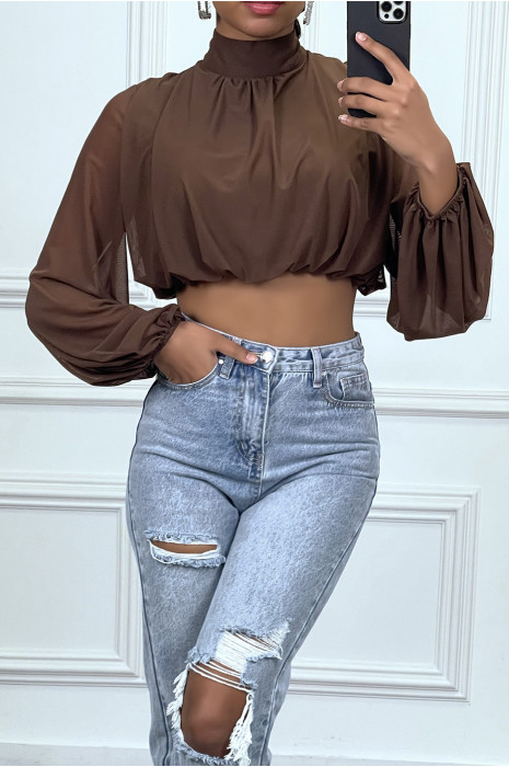 Crop top  bouffant marron à manches longues - 1