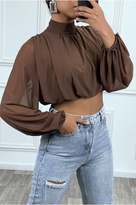 Crop top  bouffant marron à manches longues - 2