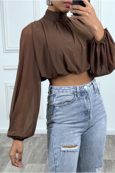 Crop top  bouffant marron à manches longues - 3