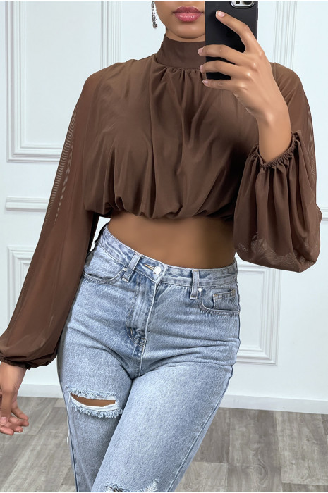 Crop top  bouffant marron à manches longues - 6
