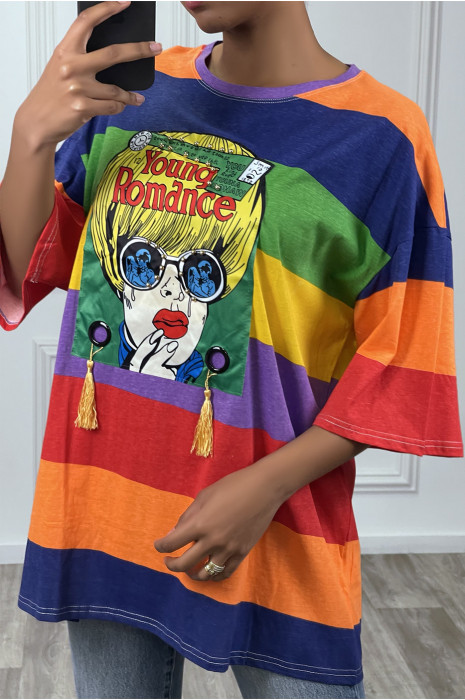 Tee-shirt oversize à rayures multicolor et dessins - 1