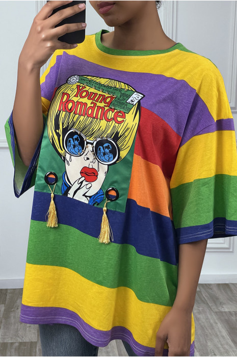 Tee-shirt oversize à rayures multicolor et dessins - 2