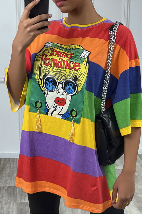 Tee-shirt oversize à rayures multicolor et dessins - 4