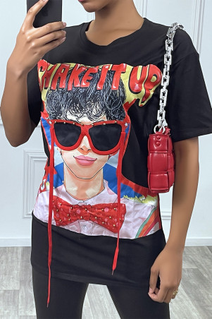 Lang zwart oversized T-shirt met mooie designs