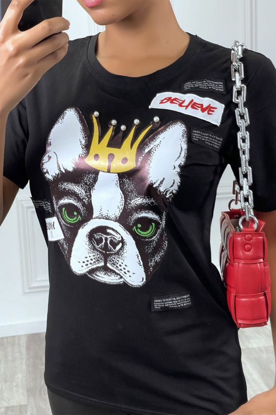 T-shirt noir avec "tête de chien" et inscription , à col rond - 2