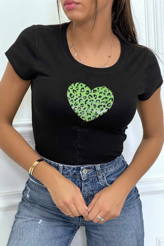 T-shirt noir à manches courtes avec inscription/coeur pailleté vert - 4